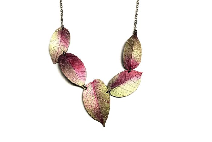 Asymmetric Pink Cherry leaf necklace by Photofinish Jewellery